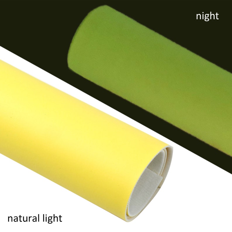 May include: A yellow fabric roll that glows green under a blacklight. The fabric is rolled up and the label says "night".