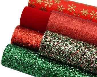 Christmas Red Green Faux Leather Sheets 6pcs/set,Glitter Sheet,Metallic Litchi Pattern Leather,Christmas Snow Print For Bow Earrings