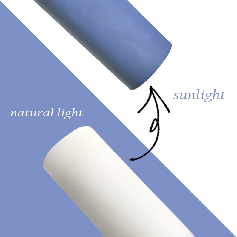 May include: A color-changing product is shown in the image. The product appears blue under natural light and transforms to white under sunlight. The words "natural light" and "sunlight" are included in the image.