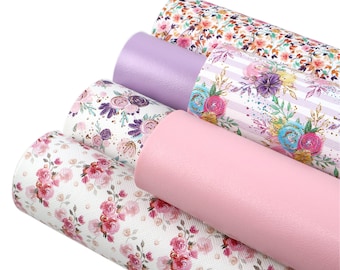 6pcs/set Faux Leather Sheets Floral,Printed Leatherette Sheets,Leather Craft,Bow Supplies,Plain Color Synthetic Leather Fabric