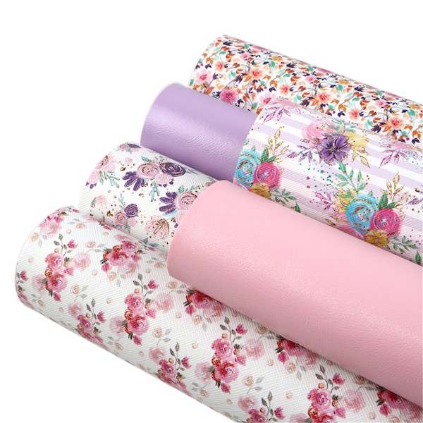 6pcs/set Faux Leather Sheets Floral,Printed Leatherette Sheets,Leather Craft,Bow Supplies,Plain Color Synthetic Leather Fabric