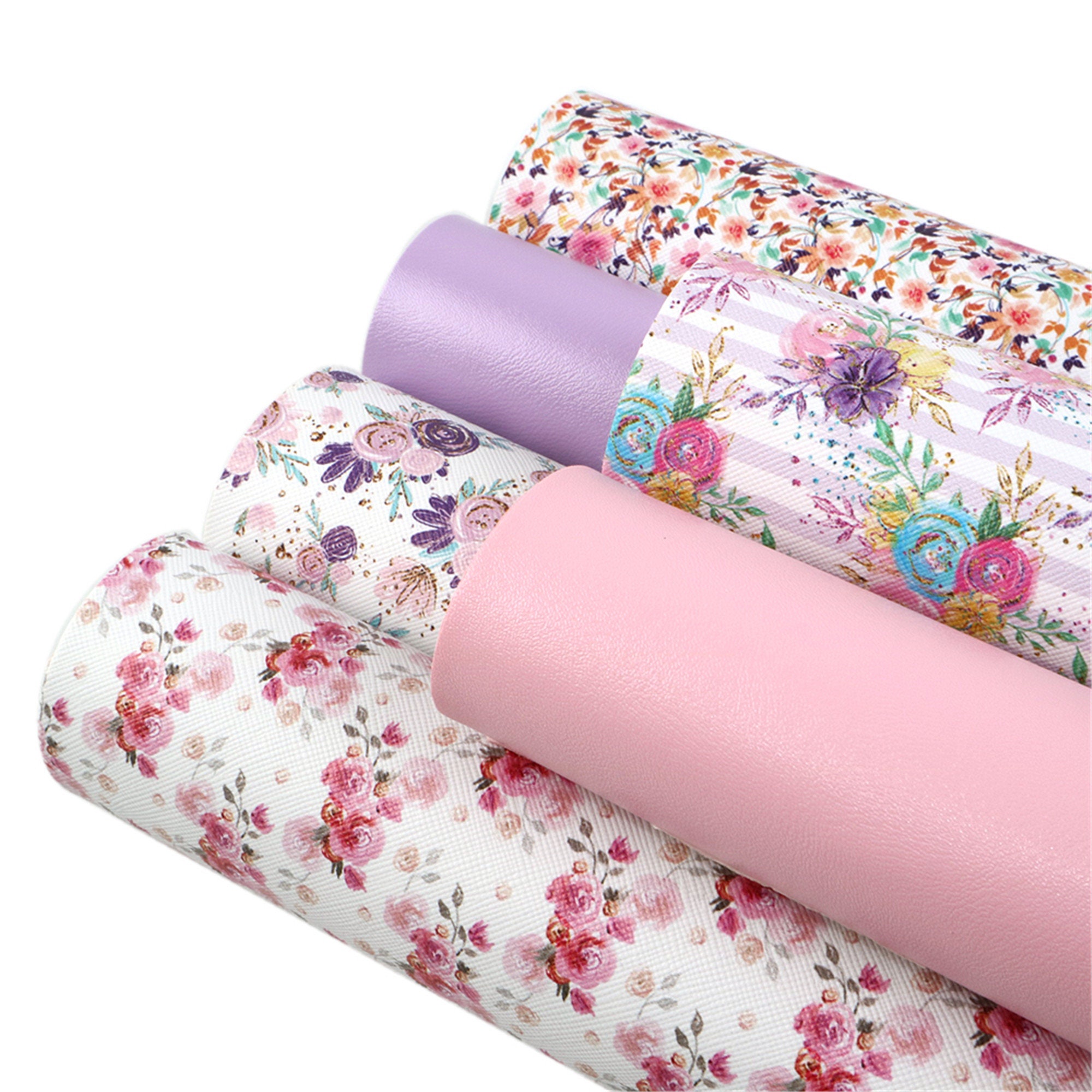 6pcs/set Faux Leather Sheets Floral,Printed Leatherette Sheets,Leather Craft,Bow Supplies,Plain Color Synthetic Leather Fabric