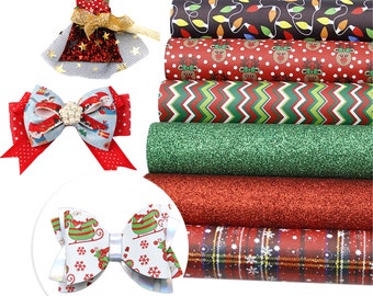 Faux Leather Sheets Christmas 6 pcs/set,Vegan Glitter Sheets Solid Color,Hairbow Leather Sheets,Leather Bundle,Reindeer,Chervon Print