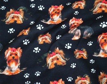 Yorkshire Terrier Dogs Fabric,Dog Paws Print Fabric,Fabric For Sewing,Black 100% Cotton Fabric By 1/2 Yard,19 x 57 inch