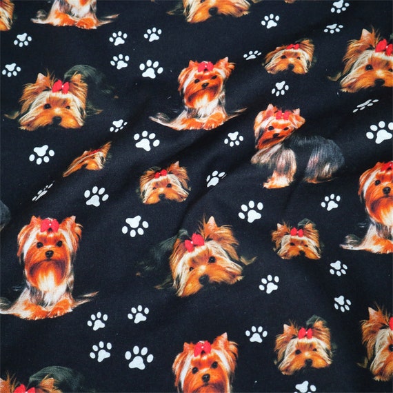 Yorkshire Terrier Dogs Fabric,Dog Paws Print Fabric,Fabric For Sewing,Black 100% Cotton Fabric By 1/2 Yard,19 x 57 inch