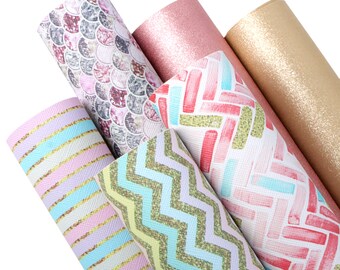 Faux Leather Bundle 5-10pcs/set,Printed Rainbow Color Mermaid Synthetic Leather,Cricut Leather,Stripe Fish Scale Glitter Jelly Vinyl