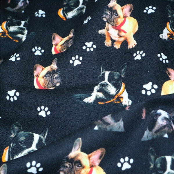 Dogs Fabric,French Bulldog Fabric,Dog Paws Print Fabric,Fabric For Sewing,Black 100% Cotton Fabric By 1/2 Yard,19 x 57 inch