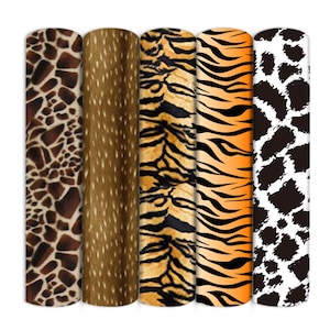 May include: Five fabric swatches with different animal print patterns. The swatches are arranged horizontally from left to right: giraffe, deer, tiger, zebra, and leopard.