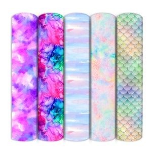 May include: Five different fabric swatches with colourful patterns. The swatches are arranged vertically and feature a watercolour-like design, abstract swirls, stripes, a glittery effect, and a mermaid scale pattern.