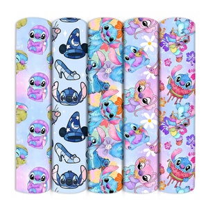 May include: Four different fabric panels featuring a blue cartoon character with various designs. The designs include a character wearing pyjamas, a character wearing a witch's hat, a character holding a fish, and a character eating watermelon.