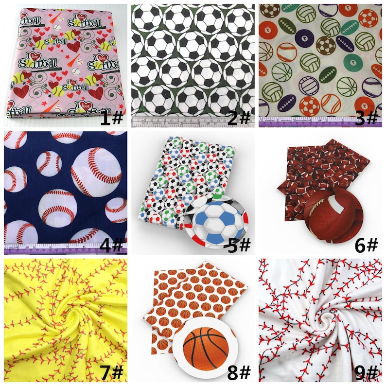 Tela de poliéster de doble cepillado con estampado de fútbol y béisbol por media yarda, tejido elástico de punto suave, diadema para bebé, tela DIY imagen 2