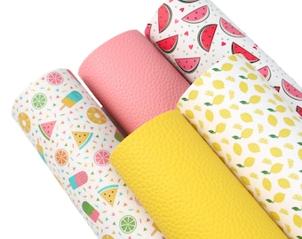 5pcs/set Pastel Faux Leather Bundles,Synthetic Vinyl Sheets,DIY Bows Craft,Litchi Vegan Leather Fabric,Watermelon Print