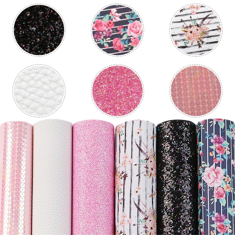 Floral Faux Leather Sheets Bundle 6pcsset,Stripe Printed Leather Fabric Sets,Leatherette Sheets,Glitter Canvas Sheets