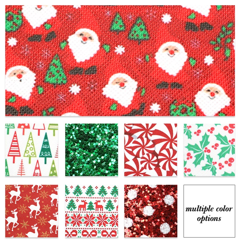 May include: A collection of Christmas fabric prints featuring various designs, including Santa Claus, Christmas trees, candy canes, holly, reindeer, and snowflakes. The prints are available in multiple colors.