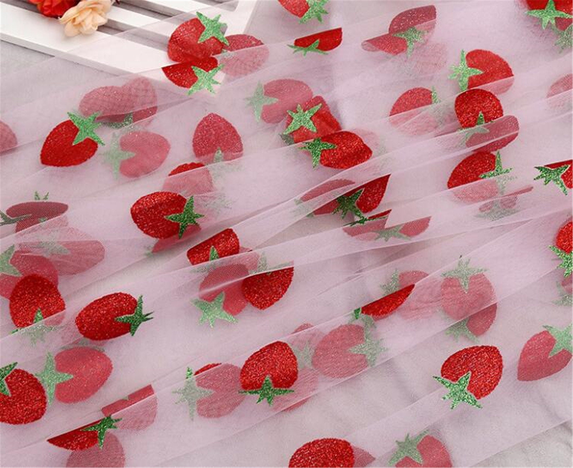 Sequined Strawberry On Pink Mesh Fabric