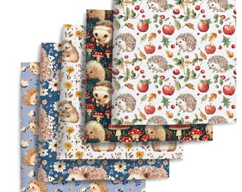 5pcs/set 7.78*7.87inch(20x20cm) Hedgehog Leaves Mushroom Precut Quilting Fabric Fat Quarter Fabric Bundle, Polyester Quilting