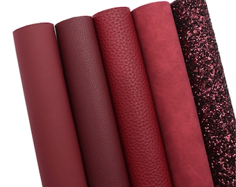 Solid Faux Leather Sheets Bundle 5pcs/set Burgundy,Glitter Vinyl Fabric For Bows,Craft Leather