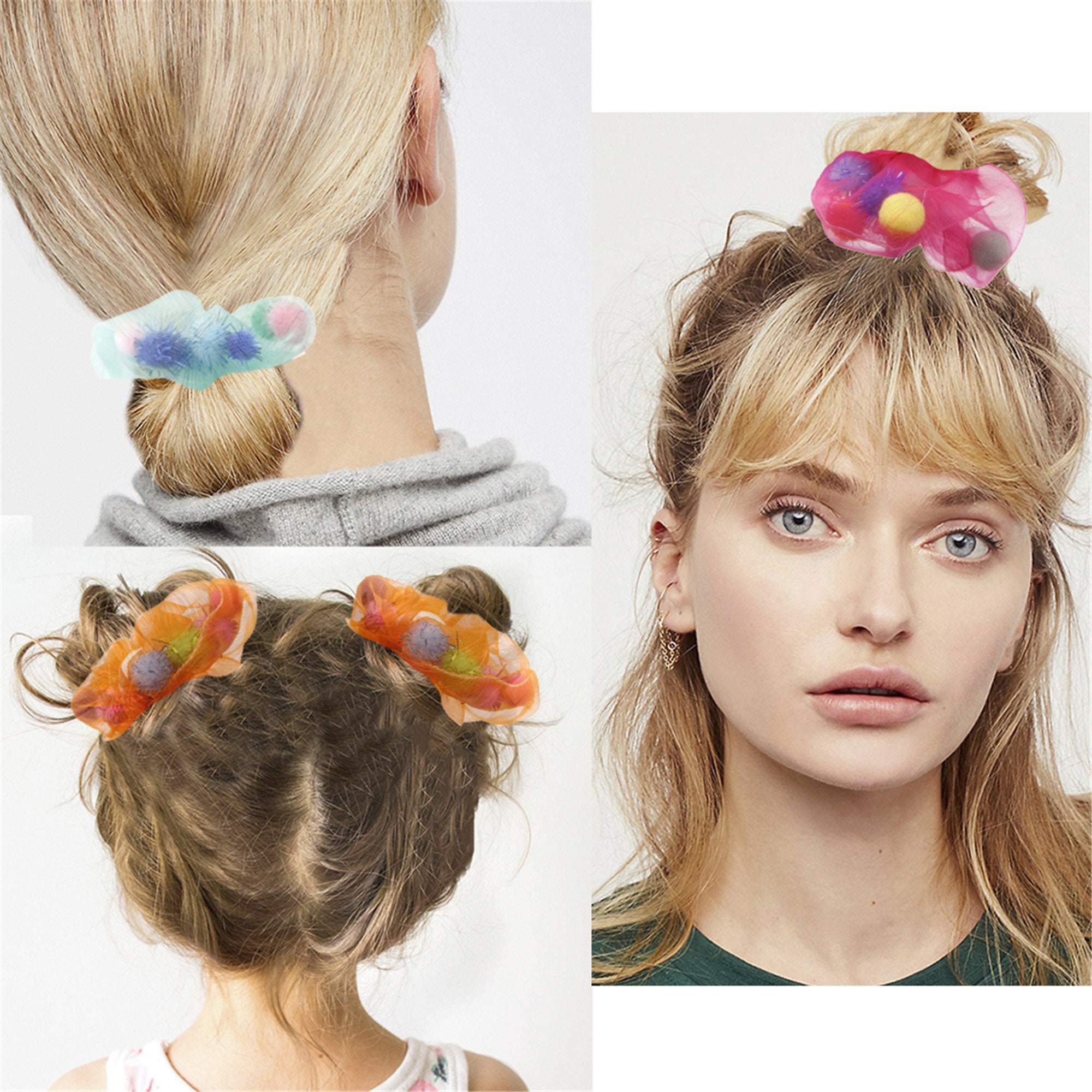 Tulle Hair Scrunchiespom Pom Ballhair Accessory Ponytail Etsy