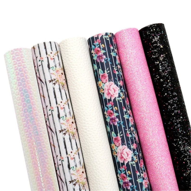 Floral Faux Leather Sheets Bundle 6pcsset,Stripe Printed Leather Fabric Sets,Leatherette Sheets,Glitter Canvas Sheets