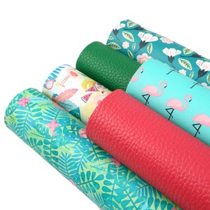 May include: Five rolls of patterned faux leather fabric. The fabrics feature a variety of tropical designs, including palm leaves, flamingos, and watermelon slices. The colours are bright and vibrant, including green, blue, pink, and yellow.