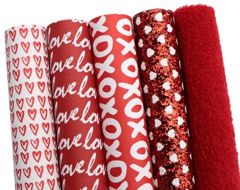 Red Valentines Day Faux Leather Sheets 5pcs/set,Glitter Sheet,Heart Love Pattern Leather,DIY For Bow Earrings