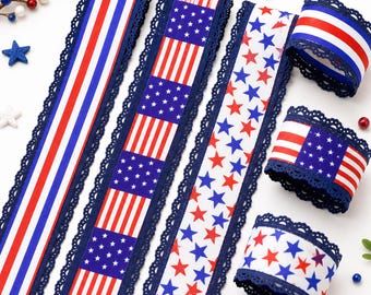 5 Yards Fourth Of July Stripe Star Checkered Linen Ribbon With Scalloped Flower Edge - 63mm Width For DIY Crafts, Gift Wrapping