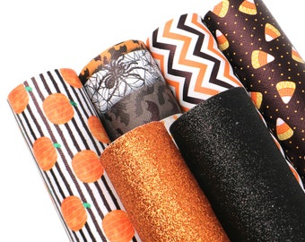 Halloween Faux Leather Sheet 6 pcs/set,Pumpkin Skull Spider Webs Printed Faux Leather Fabric,Leatherette Sheets,DIY Earring Hair Bows
