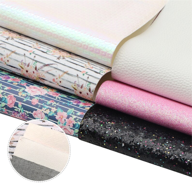 Floral Faux Leather Sheets Bundle 6pcsset,Stripe Printed Leather Fabric Sets,Leatherette Sheets,Glitter Canvas Sheets