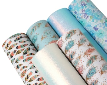 6pcs/set Feather Bundle,Printed Faux Leather Sheets,Iridescent Leather Fabric,Leather Bows Earring