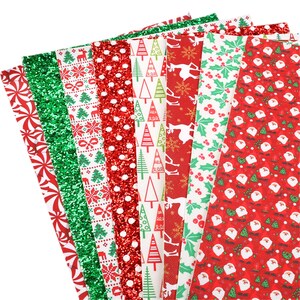 May include: A set of 10 sheets of red and green Christmas-themed fabric with various patterns, including snowflakes, reindeer, candy canes, and Christmas trees.