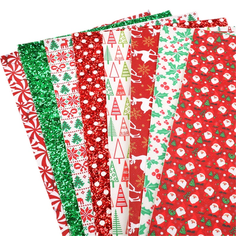 May include: A set of 10 sheets of red and green Christmas-themed fabric with various patterns, including snowflakes, reindeer, candy canes, and Christmas trees.