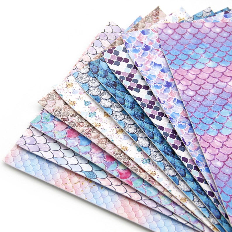Mermaid Scale Printed Faux Leather Fabric 10PCSSET,Cricut Leather Sheets For Earrings,Patterned Craft Vinyl Leather