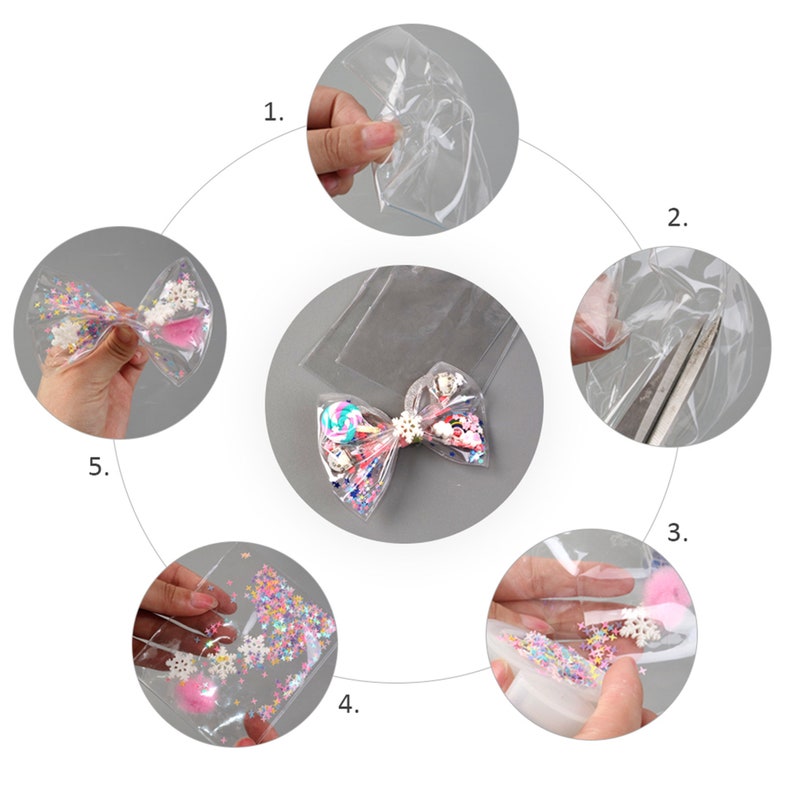 May include: A step-by-step guide on how to make a clear resin bow with colorful glitter and snowflake embellishments. The steps are numbered 1 through 5.