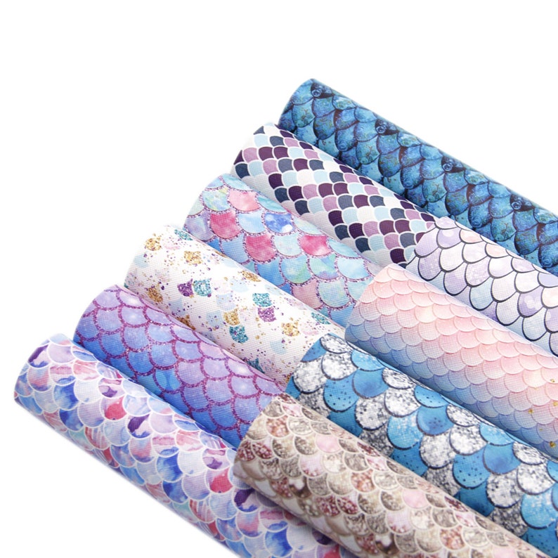 Mermaid Scale Printed Faux Leather Fabric 10PCSSET,Cricut Leather Sheets For Earrings,Patterned Craft Vinyl Leather