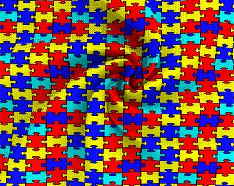1 Half Yard 18 x 42 Puzzle Pieces Ribbons Autism Awareness Cotton Fabric DIY Mask Making