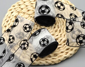 5 Yards Width 25mm/38mm/50mm Football Velvet Printed Organza Ribbon for DIY Headwear Party Festive Event Decoration Gift Wrap