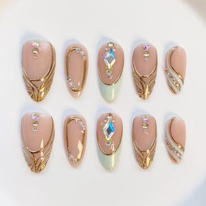 Bohemia Green Press On Nails Long Almond Nails Green Nails 3D Gold Chrome Nails/Rhinestones Nails/Bling Nails/Autumn Nails/Birthday Nails