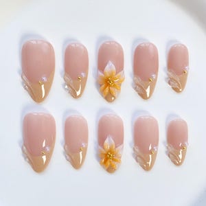 Fall Yellow Press On Nails Short Almond Nails/3D Flower Nails/Yellow Nails/Elegant Fairycorn Nails/Vacation Holiday Nails/Birthday Nails