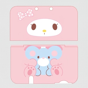 May include: Pink Nintendo 3DS case featuring a cartoon character with a bow and a blue bear design. The case is designed to protect the handheld gaming device and features a cute, playful aesthetic.