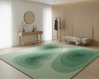 Groen topografisch vloerkleed, handgetuft wollen vloertapijt met abstracte organische vorm Con