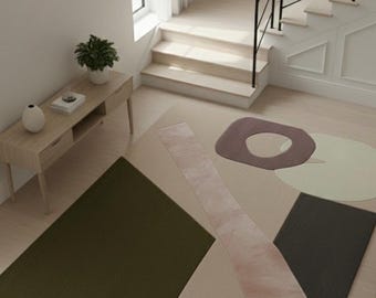 Handgetuft wollen vloerkleed – abstract geometrisch modern ontwerp uit het midden van de eeuw