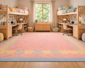 Hand-Tufted Wool Area Rug – Pink Scalloped Border, Nursery Decor