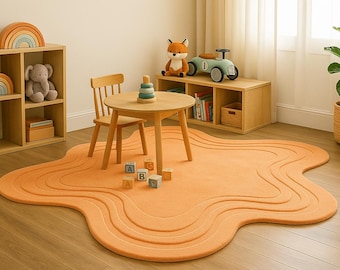 Hand Tufted Wool Area Rug, Orange Abstract Irregular Shape
