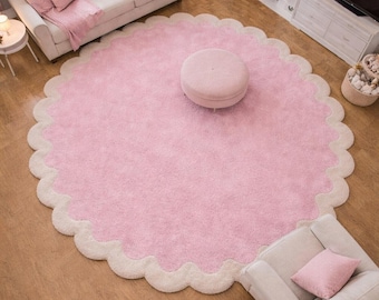 Alfombra de lana tejida a mano / Alfombra festoneada rosa para habitación infantil