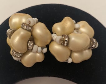 Vintage MARCELLA Clip On Earrings Pearl Rhinestones Beads Signed Silver Tone