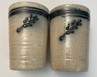 Hand Thrown Art Pottery Stoneware Tumblers Set signed RM Blue Leaf Textured Pair
