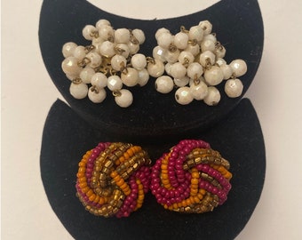 2x Vintage Made in WESTERN GERMANY Clip on Earrings Beaded White Beads Dangle