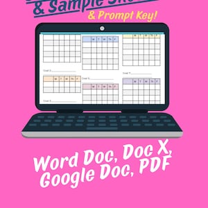 May include: A digital illustration of a laptop displaying a data sheet template with the text "Simple Data Blank & Sample Sheets & Prompt Key!" and "Word Doc, Doc X, Google Doc, PDF" on a pink background.