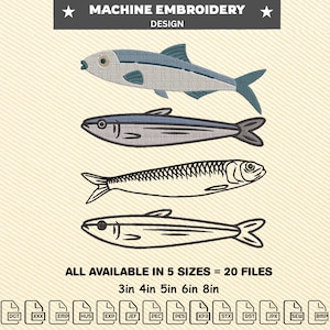 May include: Machine embroidery design featuring four stylized fish illustrations in shades of blue, gray, and black. The text at the top reads "MACHINE EMBROIDERY DESIGN". The text at the bottom reads "ALL AVAILABLE IN 5 SIZES = 20 FILES" with sizes 3in, 4in, 5in, 6in, and 8in.