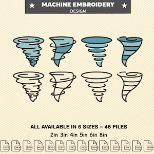 Peut inclure: Motif de broderie machine avec huit illustrations de tornades stylisées en bleu et noir. Le texte en haut indique "MACHINE EMBROIDERY DESIGN". Le texte en bas indique "ALL AVAILABLE IN 6 SIZES = 48 FILES" et "2in 3in 4in 5in 6in 8in".